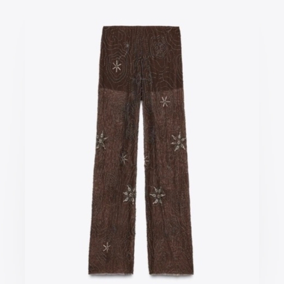 Sz S Zara NWT BEADED SEQUIN PANTS brown Chocolate - Picture 3 of 4